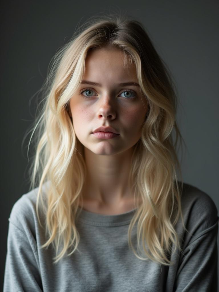 Young woman with blonde hair expresses strength and hardship. Slight sense of regret is present. The background is grey. Focus on her hair and facial expression.