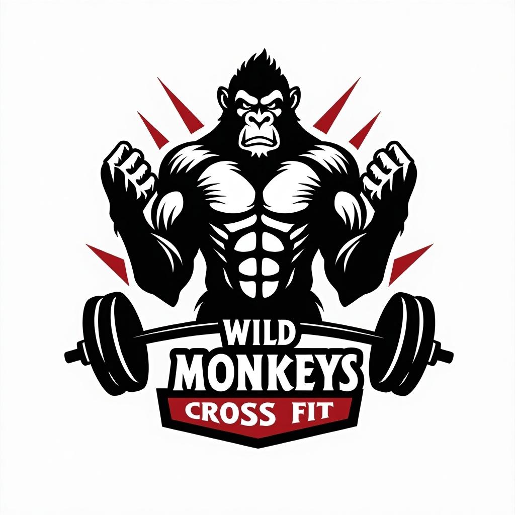 A logo-style design featuring a muscular gorilla lifting weights, with a dynamic and fierce expression. The gorilla is centered, showcasing strong arms and a powerful posture. Surrounded by minimalist elements that emphasize strength and fitness, it gives a bold impression. The phrase 'Wild Monkeys Cross Fit' is integrated into the design in a modern, angular font. The color scheme is monochromatic with accents of red and black to convey energy and power, making it ideal for a CrossFit brand.