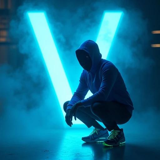 A person wearing a sleek blue hoodie crouches in front of a large glowing neon cyan letter V. Sneakers emit a soft cyan glow blending into a dark misty environment. Low-hanging fog and deep shadows create a mysterious, cinematic atmosphere. Intense gaze conveys cyberpunk energy. Vertical arrangement of letters V E N K A T on the left side.