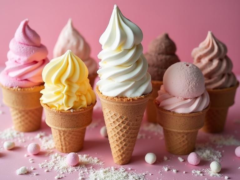 Ice cream presented in various cones. Different flavors include pink, yellow, white, and brown. Fun dessert arrangement. Soft pastel background.