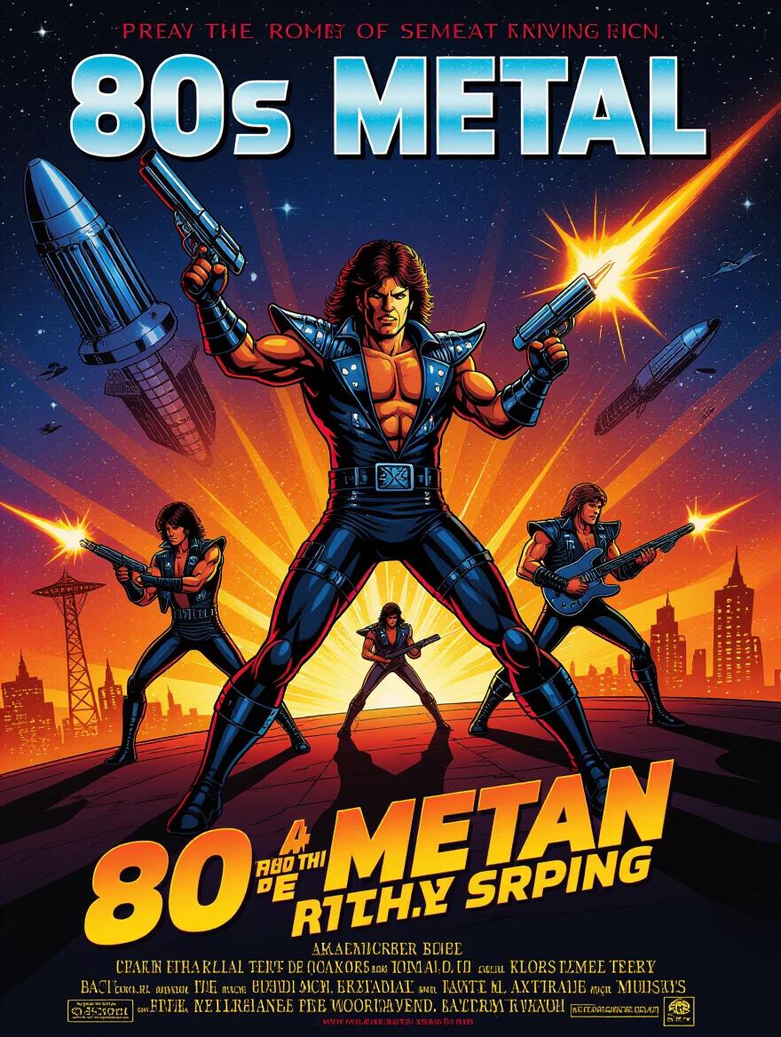 Movie poster featuring four muscular figures holding weapons. Neon and vibrant colors dominate the scene. Characters depict typical 80s metal aesthetics. Background includes rockets and city skyline at sunset. Illustration style emphasizes action and excitement.