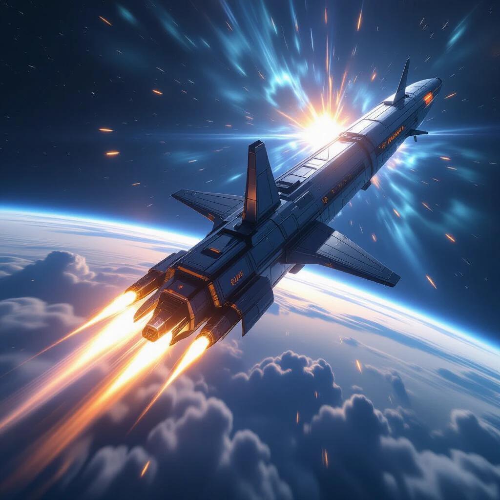 A massive cross-shaped vessel departs from Earth. The scene captures explosive visuals with dramatic angles. The Earth glows in the background surrounded by vibrant clouds. The vessel has glowing conduits and intense thrusters. The action showcases the vessel's immense size against the beauty of space. Stunning energy trails and dynamic movement convey epic energy.