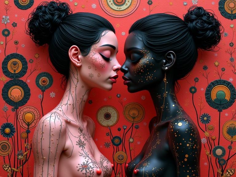 Two figures in contrasting skin tones facing each other. Intricate patterns of skin art in pink and black. Background features shades of brown and red. Style inspired by abstract art and famous artists.