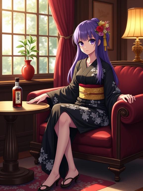 Anime beautiful lady sits on vintage leather sofa in retro lounge. She has violet hair and eyes. Wearing shiny black kimono with white flowers. Includes gold obi belt. Relaxed posture with hands on sofa and table. Scenic view shows trees and red vase. Antique decor enhances ambiance. Warm golden lighting creates inviting atmosphere.