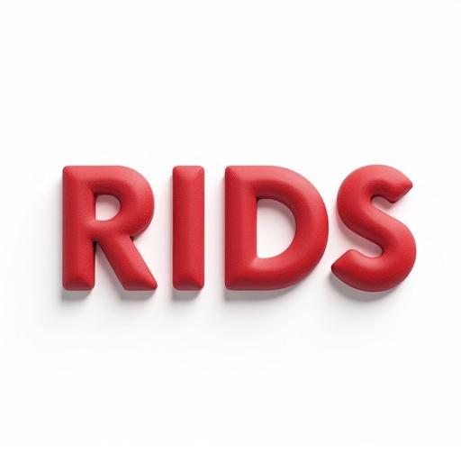 An elegant and simplistic logo contains the word RIDS against a plain white background. The design features a textured glossy finish. There is a gradient color scheme transitioning from red to white. Strategic shadows are applied to enhance the texture and create a lifelike quality. The overall quality is high with a fur-like texture.