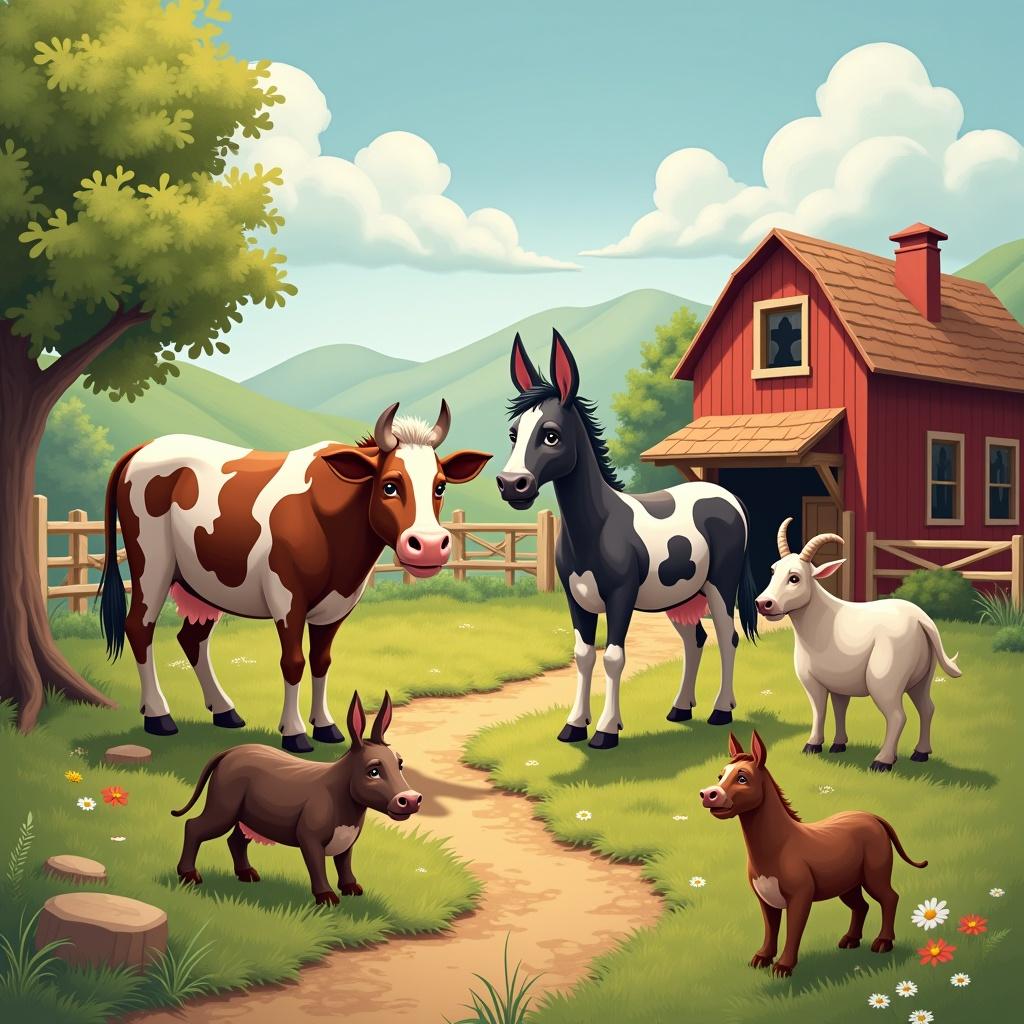 A vibrant farm scene with a cow donkey horse goat and dog. Lush green fields surround the animals. A red barn and hills in the background create a picturesque setting. Animals are friendly and lively. Bright sunny day with fluffy clouds above.