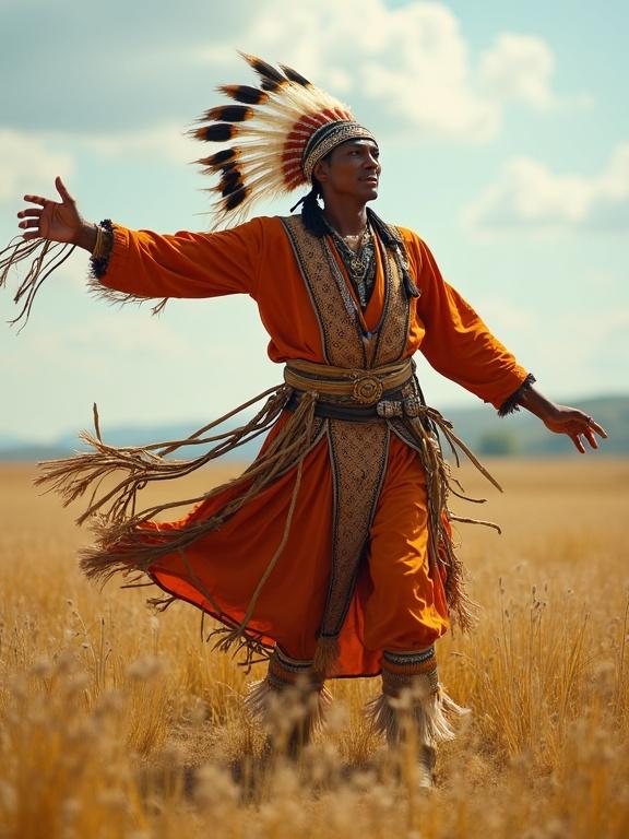 The Indian man dances confidently in the open field. He spins with flair. His suit flutters in the breeze.