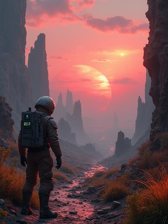 A lone astronaut stands in a valley looking towards a backdrop of towering alien ruins. Three suns set in the sky, coloring the scene richly. The astronaut wears a space suit with a visible backpack. Nearby, alien plants glow in the twilight of the two distant suns. The sinister beauty of the ruins contrasts with the organic growth taking over.