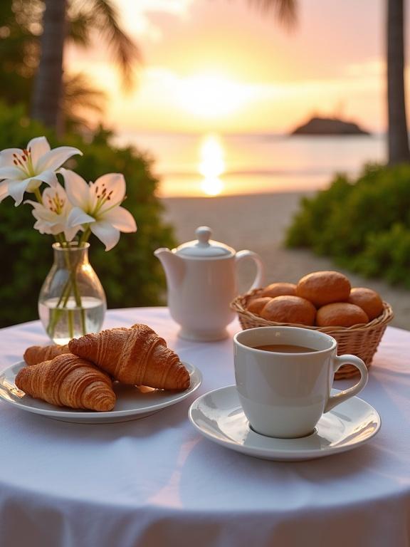 Serene beach breakfast setup with items on a table against a sunset over the ocean. Coffee cup with a subtle swirl pattern. Small white teapot. Plate with three golden brown croissants. Round wicker basket with pastries. Clear glass vase with white flowers. Round table covered with a white tablecloth. Sandy beach with palm trees, green foliage, calm ocean, warm sunset hues.