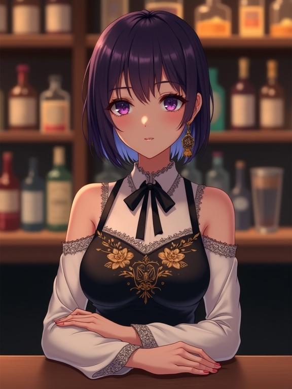 A stunning Japanese anime beautiful lady with dark violet hair is sitting at a bar counter. She has a calm and intelligent expression and is facing forward. Her bob violet hair has a subtle wave and delicate fringe. She is positioned behind a polished wooden bar with a dim light. Her outfit features white see-through off-shoulder flare sleeves layered under a dark vest with intricate embroidery. A neatly tied black bow adorns her neckline, and she wears elaborate dangling earrings. She appears graceful and welcoming in a cozy bar setting.