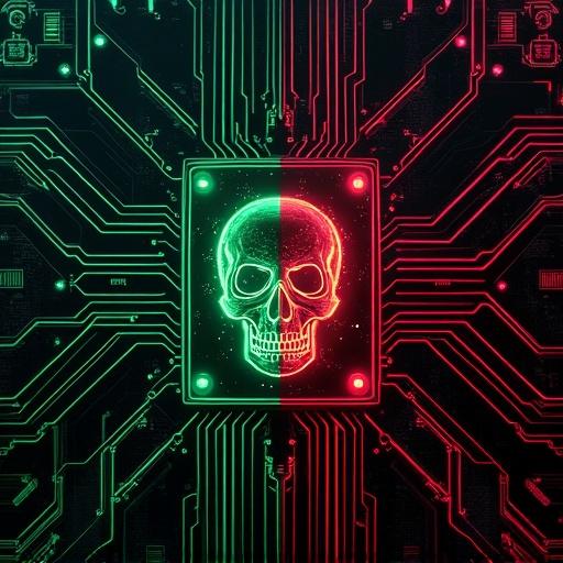 Circuit board with smooth green signal flows and jagged red pulse signals. Trojan section with danger symbols overlay. Background features binary code and neural network nodes. Style is cyberpunk with dark base and neon highlights.