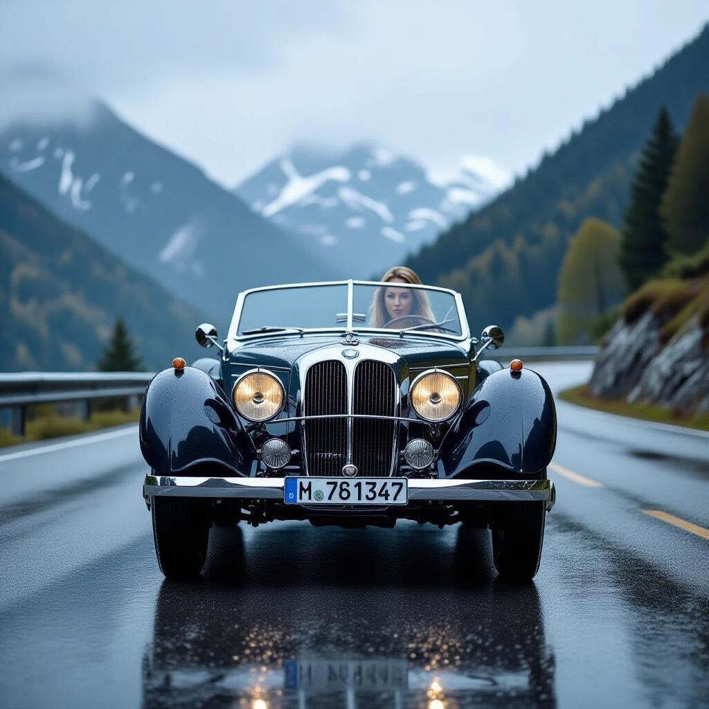 Ultra realistic photograph of a 1937 BMW 328 sports car on a winding mountain road. Car is shown in frontal low-angle perspective. Beautiful mature woman is driving. Rain droplets on windshield enhance the scene. Chrome details gleaming from water beads. Headlights shine through mist. Wet asphalt creates mirror reflections. Misty mountain peaks provide a creamy bokeh background. The atmosphere is moody and cinematic with a nostalgic luxury feel.