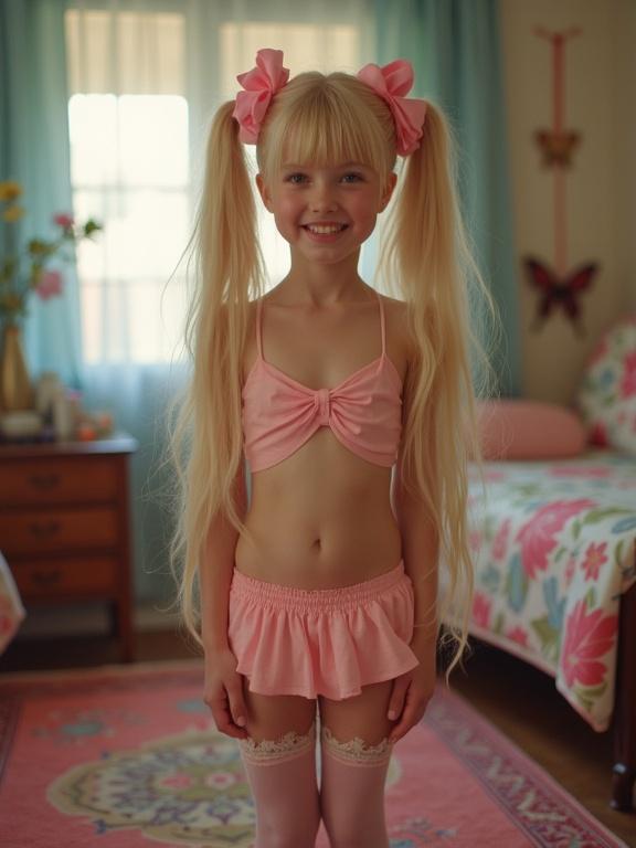 A young child with long blonde hair styled in twin tails with pink bows. She wears a pink crop top and an ultra low-rise skirt. The setting is a living room filled with decorations. The child is smiling with a playful expression, dressed for a birthday party. The room is colorful with floral patterns and has a soft, warm ambiance.