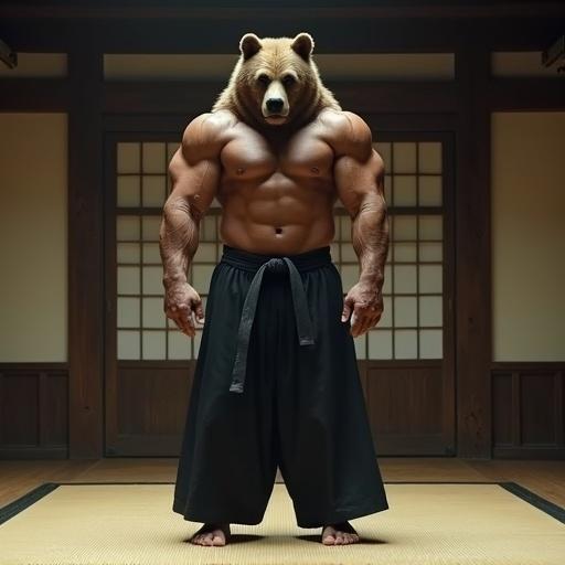 Strong muscular bodybuilder with bear head in traditional aikido attire standing in dojo. Emphasis on muscular build and cinematic effect. Artwork with dramatic lighting and film grime.