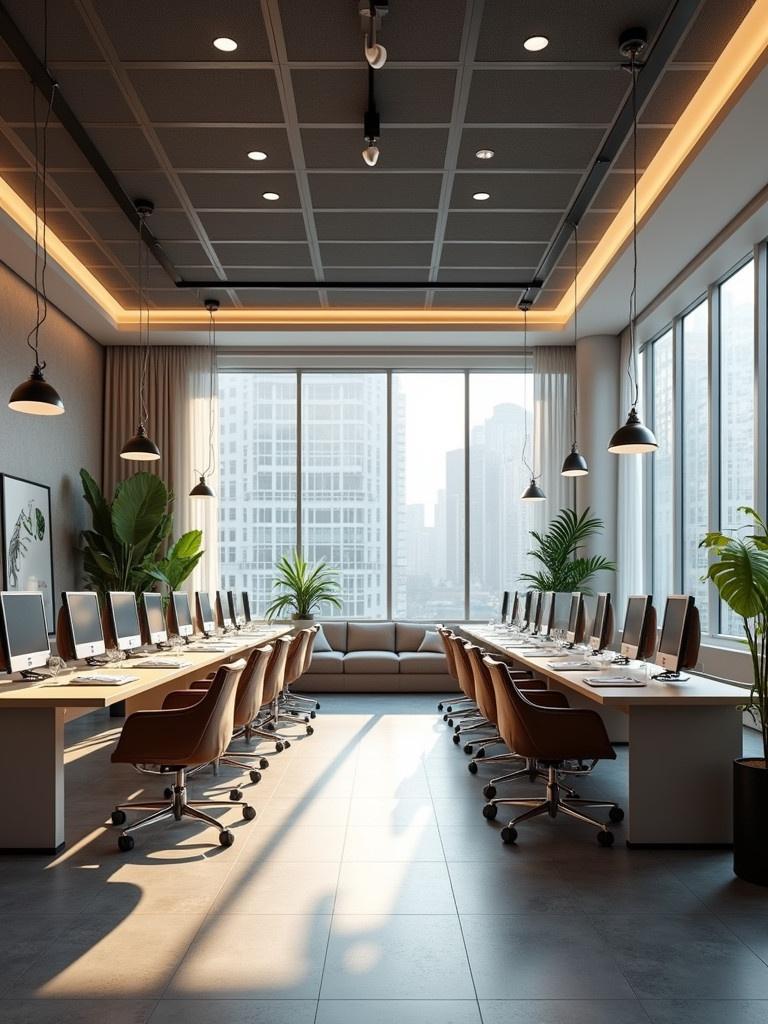 Design a realistic business office environment showcasing workstations. Include modern office furniture with computers. Feature large windows with a view of the city skyline. Add plants for a touch of nature. Utilize contemporary lighting and a minimalist aesthetic.