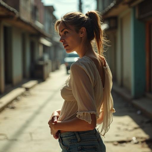 A disheveled woman wears a faded see-through blouse and frayed denim skirt. She stands in a sun-scorched alley. Her gaze is on the distant headlights of a passing delivery van. The midday heat clings to her skin. Sweat glistens on her collarbone. She leans slightly forward. Fingers twitch at her waistband. She appears caught between anticipation and resignation. Her lips part slightly, breath shallow. The alley's cracked concrete reflects the sun's glare. Jagged shadows cross her face. The faint hum of a market chatters nearby. She exhibits a balance of desire and survival. The scene showcases the harsh reality of her environment.