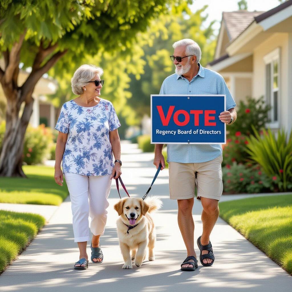 An elderly couple walks their friendly dog on a sunny California sidewalk. The man holds a blue sign that says 'Vote' in red letters above a white text 'Regency Board of Directors'. They are wearing summer clothes and walking in a residential neighborhood.