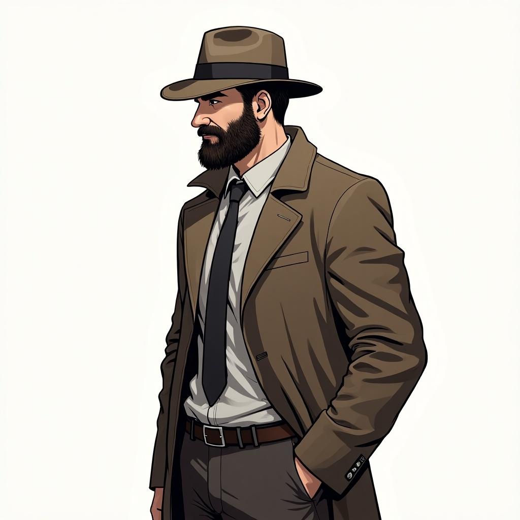 Outline of a muscular detective character with a beard. Character wears a hat and suit. Showing a front view. Emphasis on character's physique and clothing style.