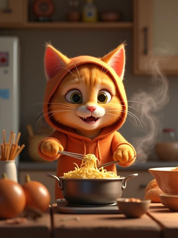 3D Pixar-style render with an anthropomorphic orange tabby cat wearing a hoodie. Cat is cooking instant noodles in a small cozy kitchen. Steam rises from a pot while the cat smiles joyfully. Background is cluttered with kitchen items. The lighting is warm and soft, giving a cinematic look. Subject is centered in the image.