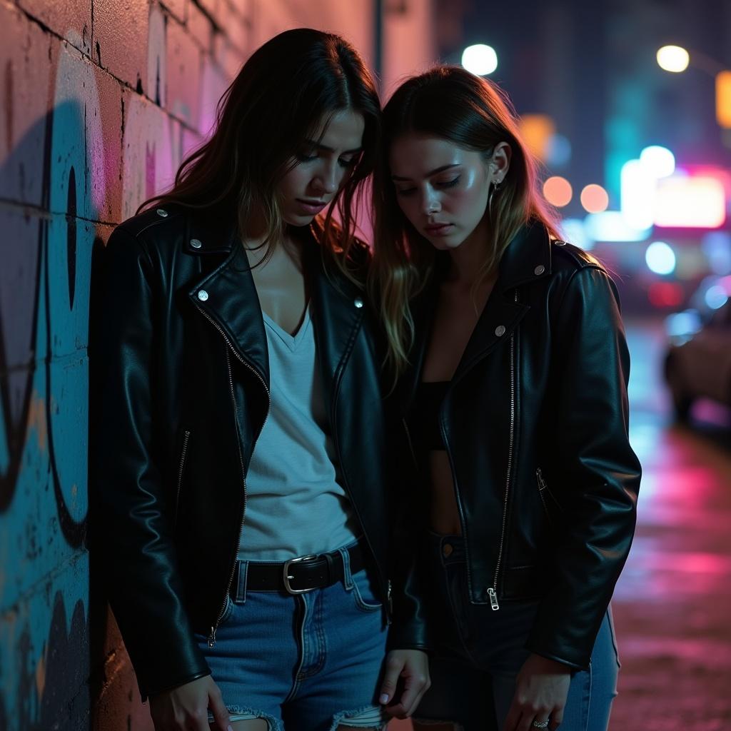 Tall young woman in dark leather jacket with distressed denim jeans stands next to a young man against a graffiti-covered wall. The background shows a blurred cityscape with neon lights.