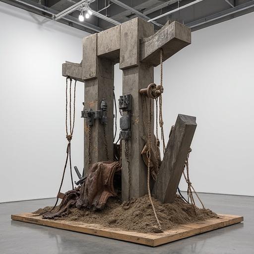 Large-scale gallery installation about power dynamics and restraint. Combines assemblage techniques with found objects like leather cuffs, metal hardware, and chains. Concrete forms evoke Richard Serra. Influenced by Matthew Barney's ritual aesthetics, including petroleum jelly elements. Incorporates medical restraints in geometric forms inspired by Frank Stella. Textures echo Zdzisław Beksiński, and rope details suggest organic materials like Eva Hesse's works. Weathering techniques on burlap and wood inspired by Anselm Kiefer. Balances industrial solidity with movement, photographed in high-contrast style.