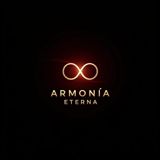 Minimalist logo design for Armonía Eterna. Design features infinity symbol and stylized crimson red elements. Golden metallic font for text displayed below the icon. Background is black with radial gradient.