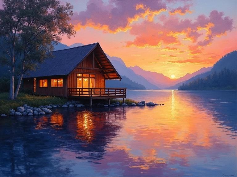 Post-impressionist oil painting of a serene lakeside hut at sunset. Vibrant colors of oranges, blues, and purples. Water reflects sunset glow. Thick brushstrokes used. 8K resolution. ArtStation style. Golden hour lighting. Watercolor splatter on the frame.
