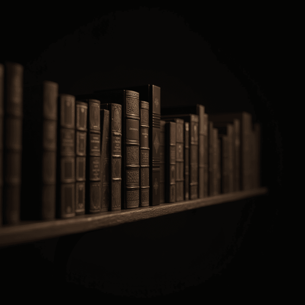 A row of antique leather-bound books with intricate designs on a wooden shelf against a dark background.