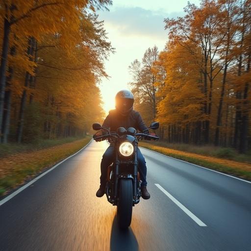 Motorcyclist riding on a scenic road through an autumn forest. Soft golden light from the setting sun highlights the rider and motorcycle. Road is flanked by trees with vibrant fall colors.