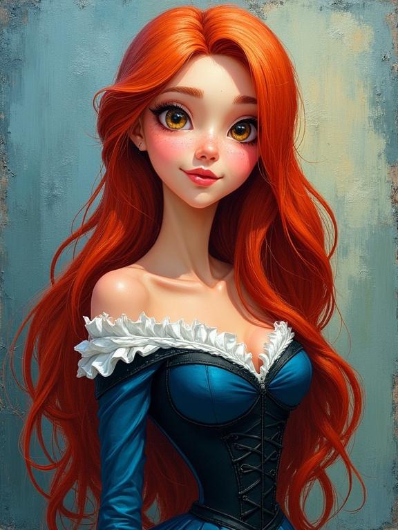 A 3D illustration of a young woman with long red hair and hazel eyes. She is wearing a blue and black corseted gown. The style is neo-impressionism with expressionist elements, featuring thick layers of colorful textured paint.