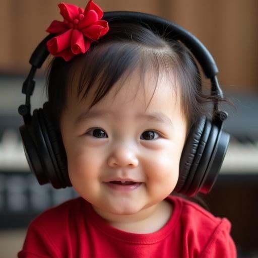 A cute Asian baby girl with chubby cheeks wearing a red ribbon in her hair. The baby wears red clothes. Close-up showing head and shoulders only. Body facing directly forward. Looking straight at the camera with a gentle confident smile. The baby wears large headphones. Soft natural lighting highlights the face in high detail. Bright softly blurred music studio background included.