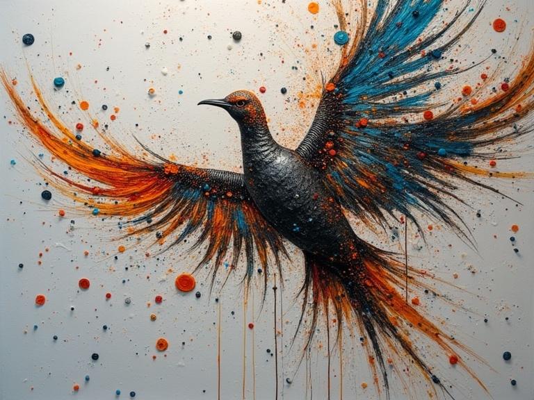 Exquisite art featuring a bird with wide wings made of mixed media. The artwork involves thick textures with various materials like newspaper, jute fibers, and glittering confetti. The composition includes splattered colors with a focus on orange and blue, aiming for a fantasy theme with abstract elements.