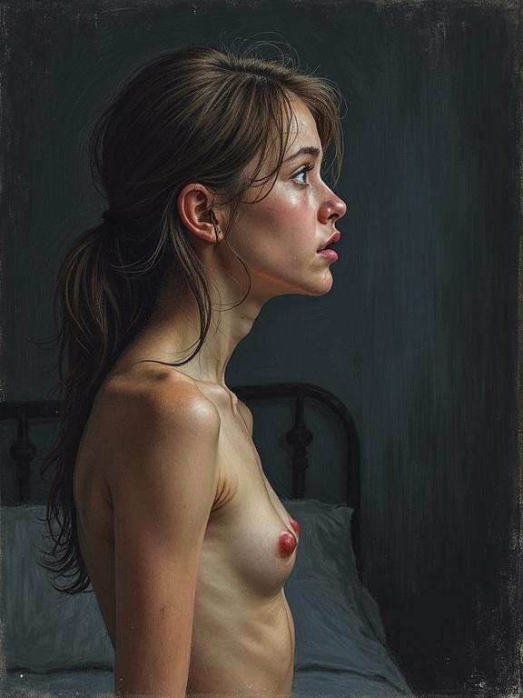 Realistic crayon drawing depicting a side view of a scared and tearful Estonian teen woman barechested in a dark bedroom with hands on sides having an emotional confrontation with her dad.