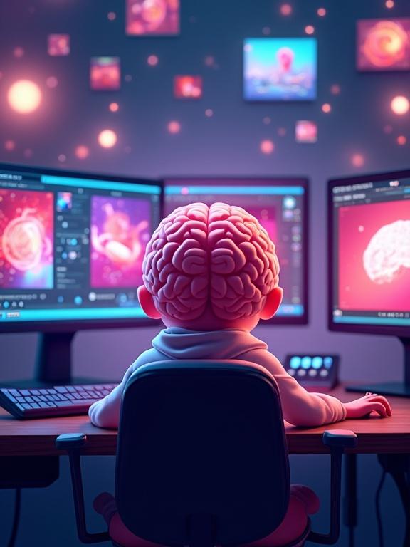 A cartoon brain at a high-tech editing desk. Surrounded by glowing monitors. Displaying image patches. Floating toolbars resembling Photoshop. Colorful and playful. 4K resolution.