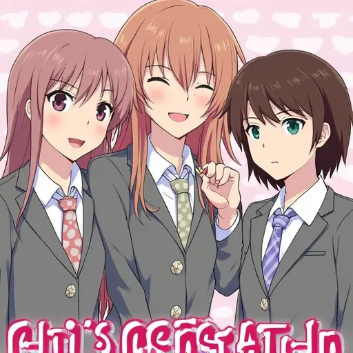 Three female characters in school uniforms. They have different hair colors and styles. The background is simple and colorful. The atmosphere is cheerful and friendly.