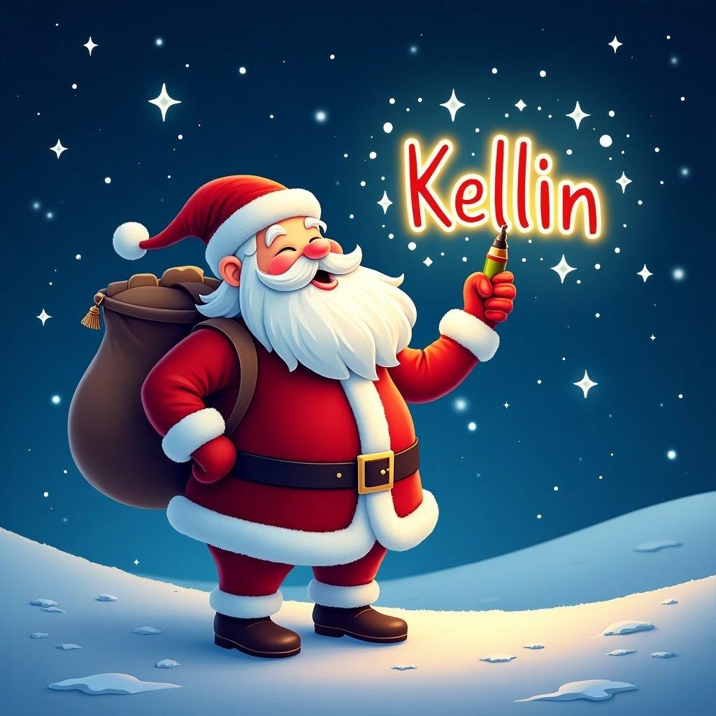 Christmas theme with Santa Claus writing a name in the sky with a glow pen. Snowy background enhances festive feel. Santa wears a traditional red suit and carries a sack.