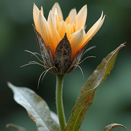 Biomechanical flower with metal parts. Flower grows from ground. Features regular and mechanical leaves. Contains unusual petals. A mechanism is visible inside the bud.