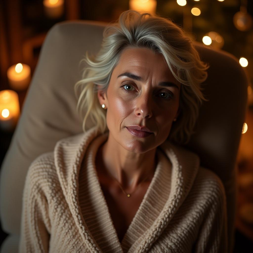 Photorealistic portrait of a mature woman in a holiday season spa atmosphere. Inviting and serene relaxation setting. Upper angle shot enhances emotional depth. Exquisite detail with rich tonal range and subtlety in lighting.