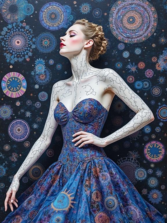 Surreal 3D collage portrait featuring stunning ethereal woman. Woman poses in kaleidoscopic dress. Surrounded by intricate geometric patterns and optical illusions. Inspired by Escher, Bridget Riley, Sonia Delaunay. Dominant colors: black, white, silver, violet, indigo, blue. Abstract shapes present.