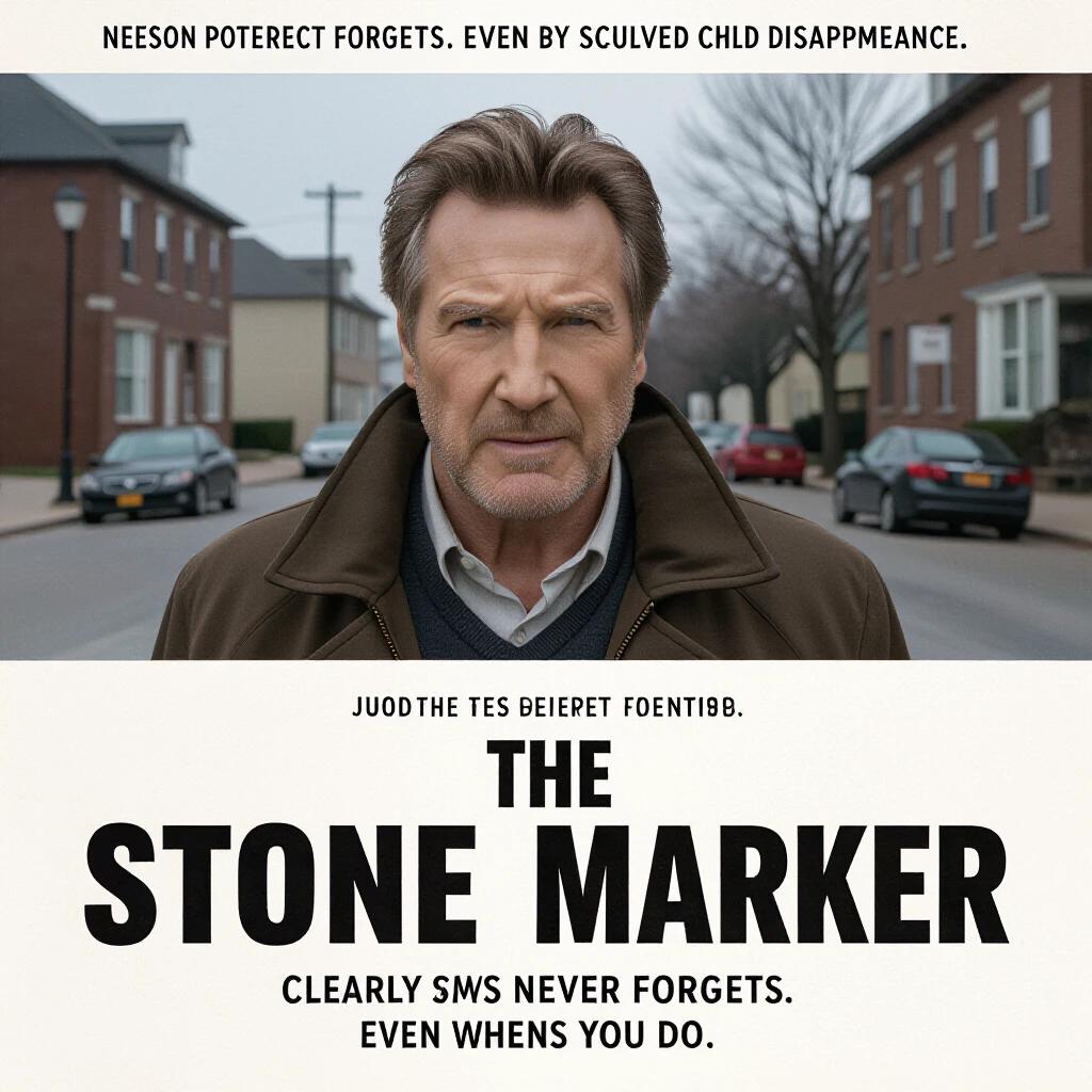 A movie poster for 'THE STONE MARKER'. A retired detective stands in a suburban street. The title is prominently displayed at the top in bold letters. The tagline below describes how the past never forgets. The poster sets a mysterious tone appropriate for a crime drama.