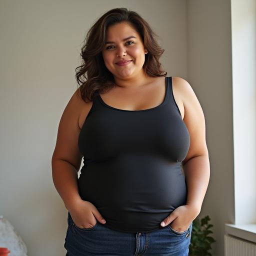 A confident woman with curvy features wearing a fitted black top. She has a joyful expression and is posing indoors with natural light from a window.