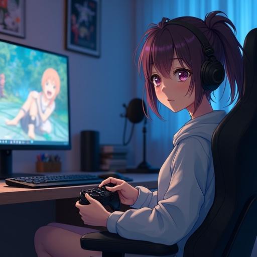 Young woman in her 20s as a voice actress waits during a game's loading screen. She appears slightly bored or excited. Her playful hairstyle and comfortable outfit reflect a casual gaming vibe. She's holding a controller, looking at the screen, with a well-decorated room around her. It's nighttime.