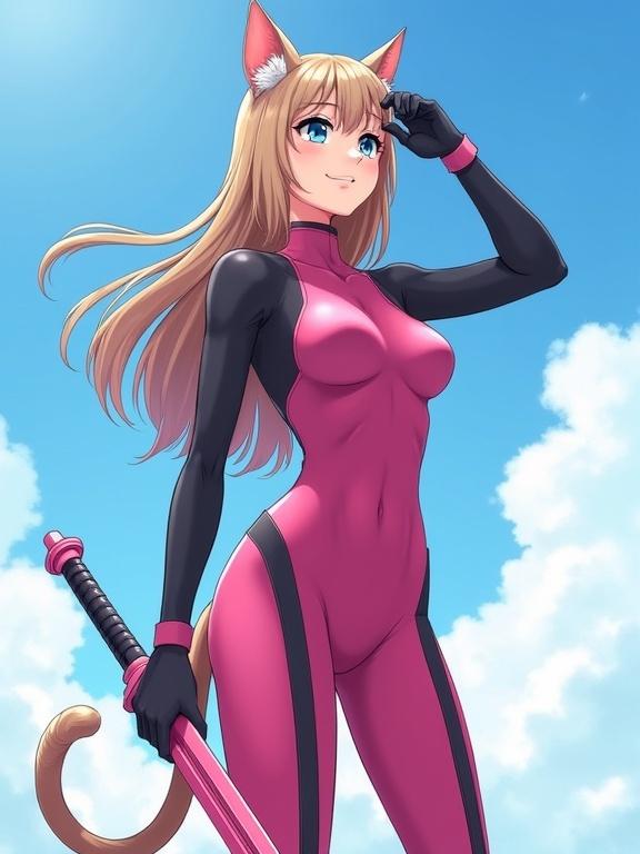 Mature woman with long light brown hair, cat ears and tail. She wears a dark pink body suit with pink combat heels. Character has blue eyes and treats. Pose includes a hand on forehead looking up. Sword resembles a monado. Full body render with a sci-fi look.