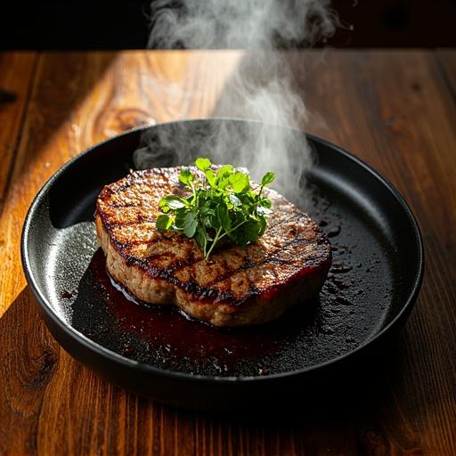 Top-down view of a sizzling steak platter with rising steam garnished with vibrant herbs. Dramatic side lighting creates long shadows across textured wooden table surfaces.