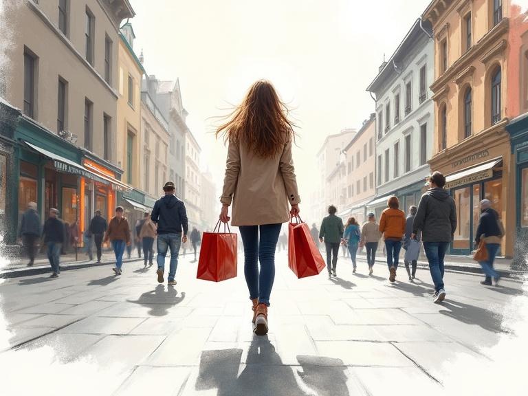 A woman walks in a city street carrying shopping bags. The scene is lively with many pedestrians. The style is a fast advertising sketch appropriate for commercial use.