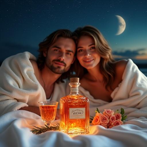 A man and a woman in their mid-thirties lie on a moonlit silk blanket. They are draped in luxurious white velvet. An apothecary-style bottle labeled 'ALFRUNO' glows with golden-reddish light. Two identical cocktail glasses are placed beside the bottle. Roses and a sprig of rosemary are added for decoration. A richly detailed starry sky is visible.