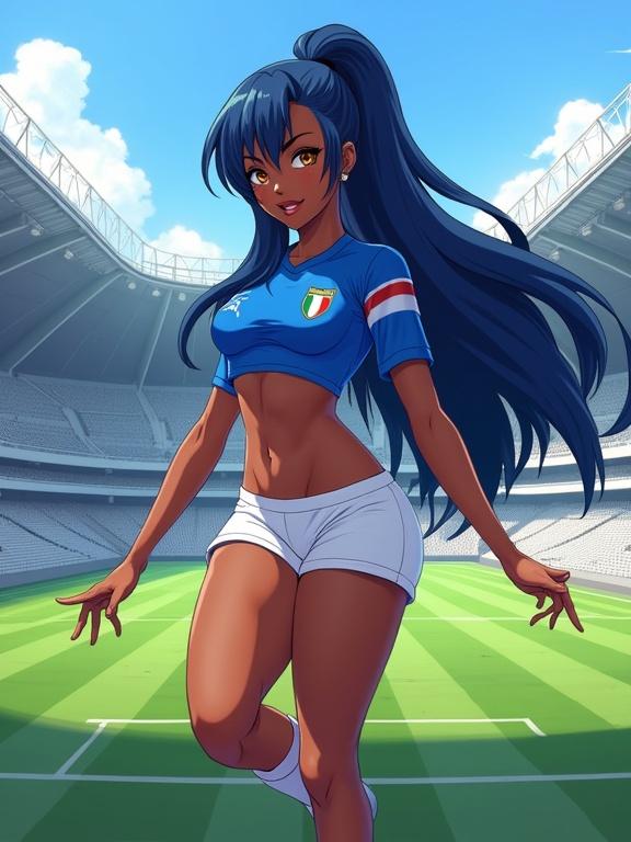 Digital anime illustration features a young female character with long flowing blue hair and golden eyes. She wears a cropped Italian national soccer jersey and tight athletic shorts. The character poses flirtatiously in a stadium with grey seating and a green pitch. Soft shadows play across the scene, highlighting her curves. The artwork displays cel-shaded rendering with detailed backgrounds.