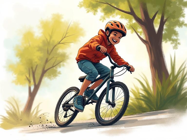 Young boy rides bicycle through trees, expressing joy and energy. The scene includes motion lines and blurred effects to enhance speed, with minimal color accents on clothing and wheels. The style features loose charcoal lines and a colorful wash effect.