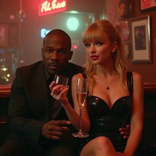 Scene in a dive bar with a couple. Woman has sharp bangs and very long blonde twintails. Woman wears a bodycon dress with deep cleavage and high heels. Man is older with a relaxed demeanor. Woman holds a champagne glass. The man has his arm around her neck. They appear close and engaged. Other men are nearby in the lively environment.