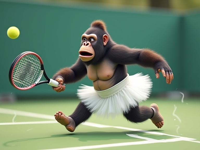 Whimsical gorilla wearing a white tutu plays tennis. Gorilla has funny expression and exaggerated movements. Reaching for ball on the tennis court with visible sweat.